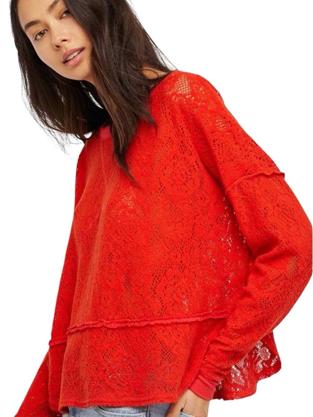 Free People Red Lace Overlay Pullover Sweatshirt